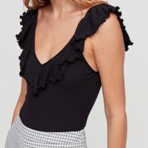 Aritzia Wilfred Black Ruffle Ribbed Bodysuit
